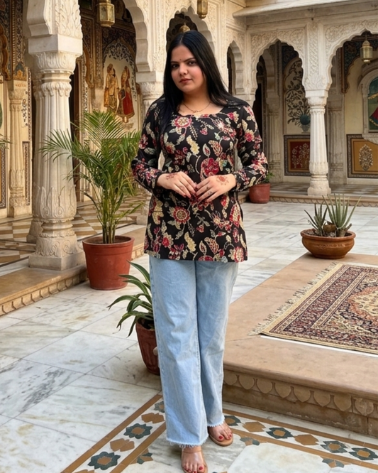 Black floral short kurti