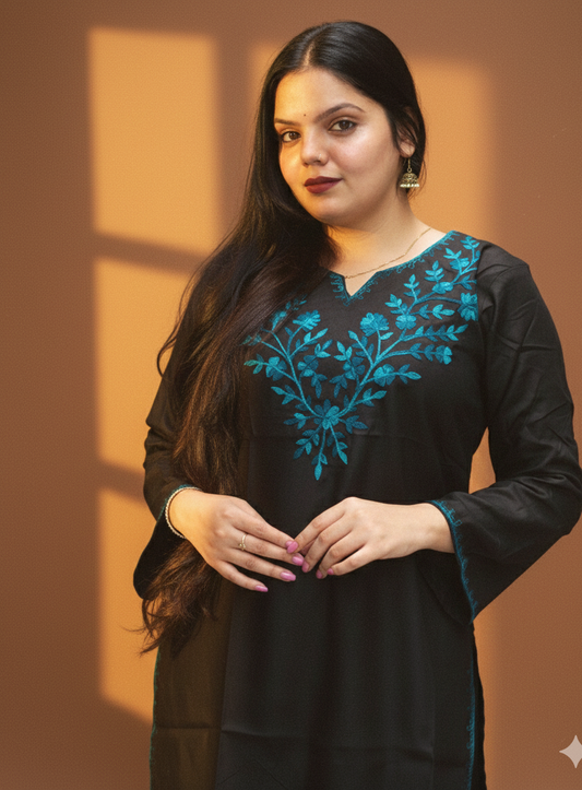 Black short kurti embroidered