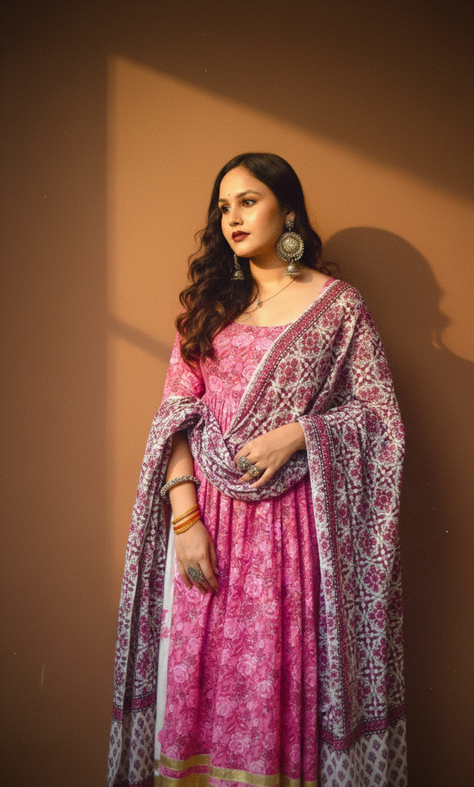 Pink kurti set with dupatta sanganeri print