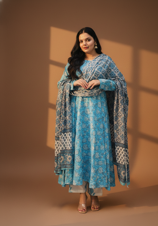 Blue kurti set with dupatta sanganeri print