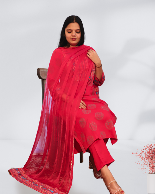 Dark-pink Kurti Set with Dupatta