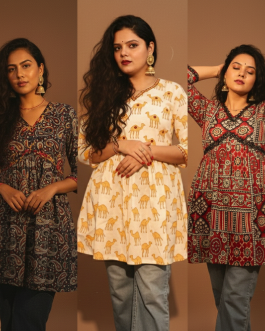 Sanganeri print short kurti combo 3 short kurtis