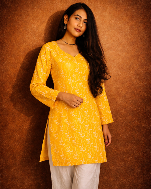Yellow bandhani short kurti