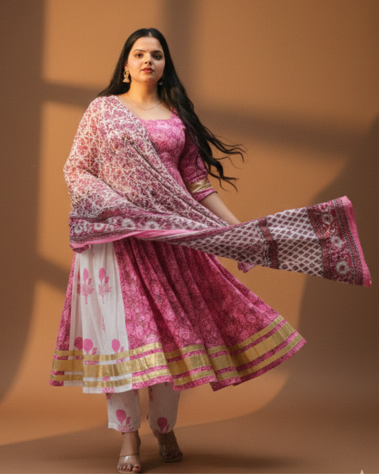 Pink kurti set with dupatta sanganeri print