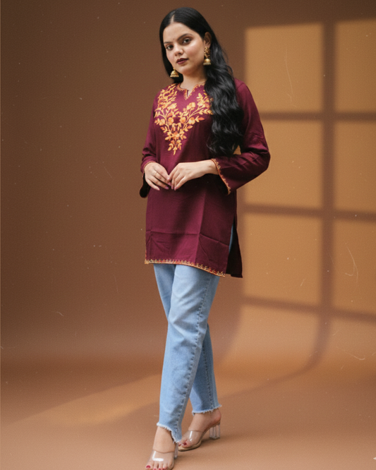 Purple short kurti embroidered