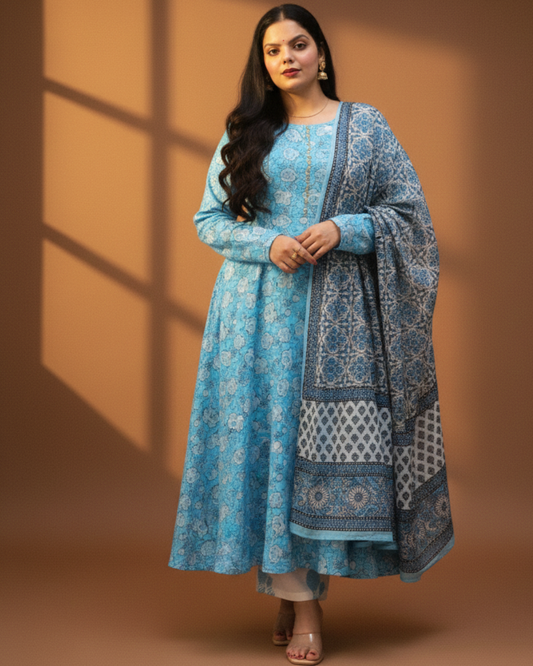 Blue kurti set with dupatta sanganeri print
