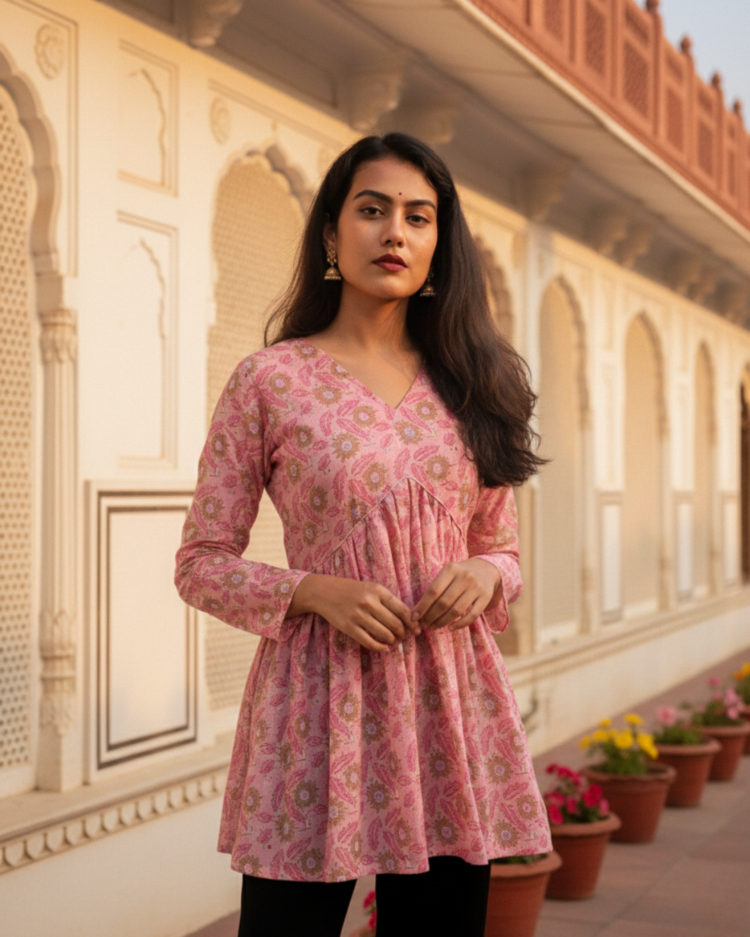pink sanganeri print short kurti