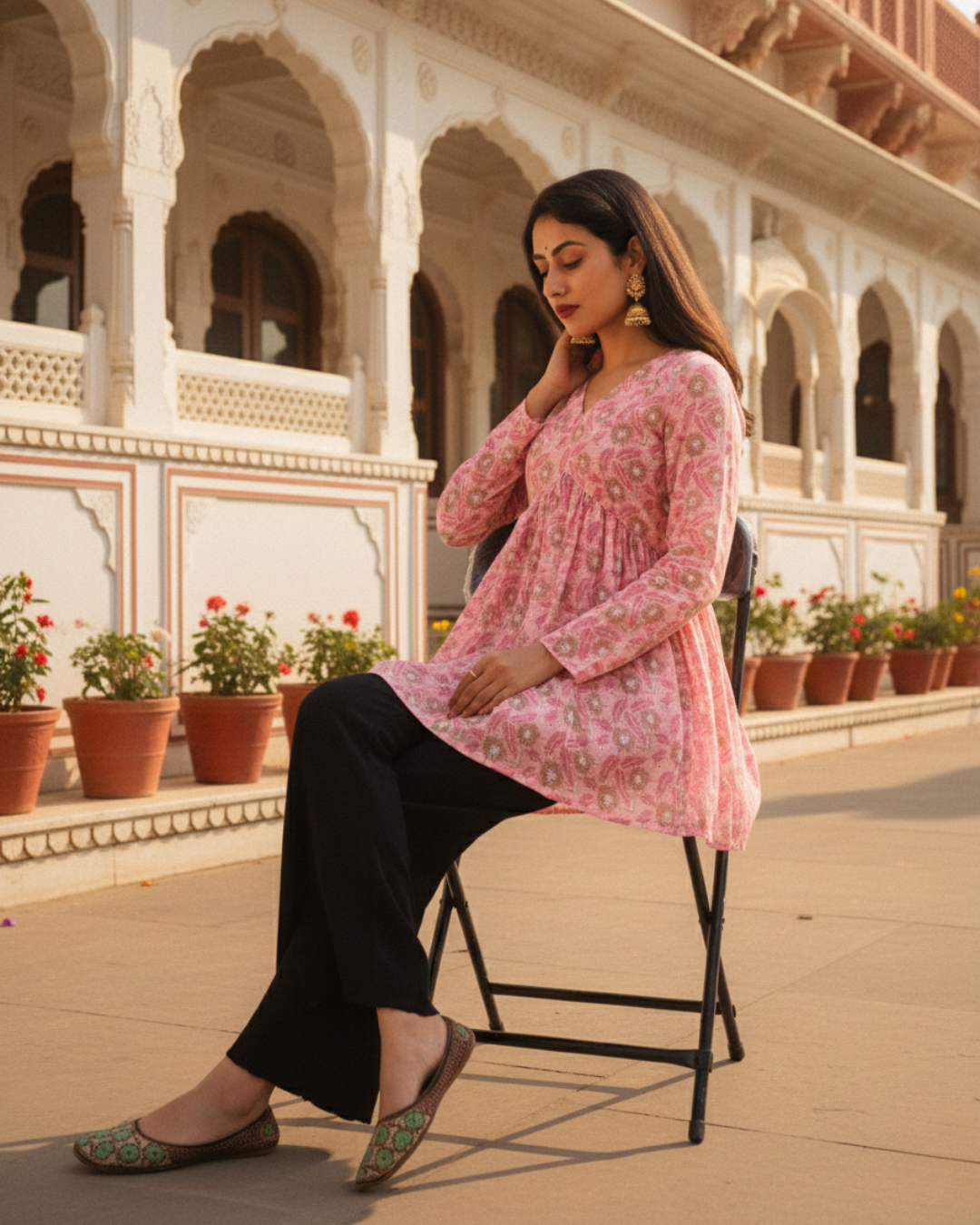 pink sanganeri print short kurti