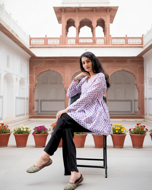 light blue sanganeri print short kurti