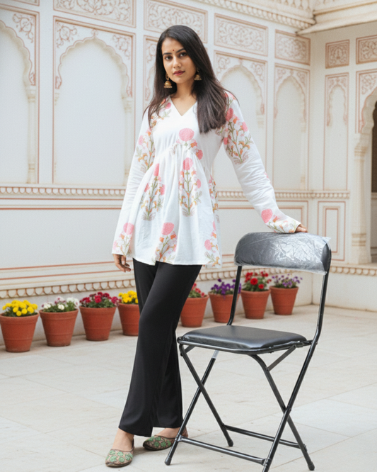 white sanganeri print short kurti