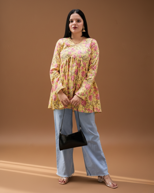 Yellow sanganeri print short kurti