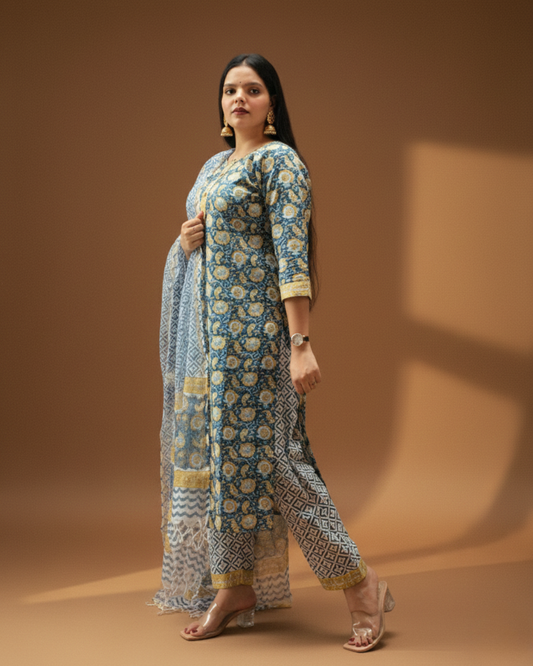 blue kurti set with dupatta sanganeri print doriya dupatta