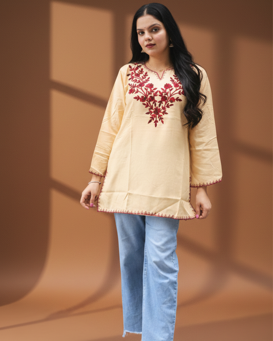 Cream short kurti embroidered