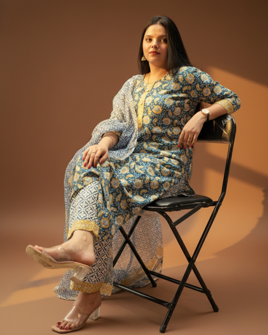 blue kurti set with dupatta sanganeri print doriya dupatta