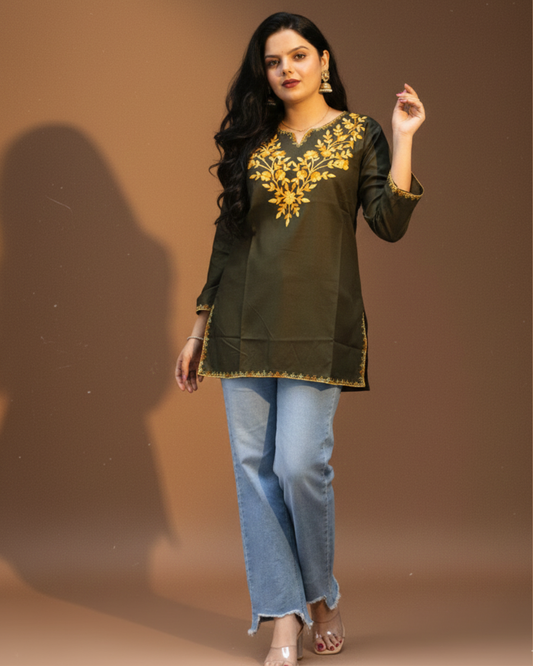 Green short kurti embroidered