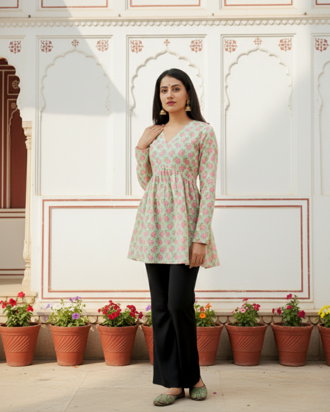 light green sanganeri print short kurti
