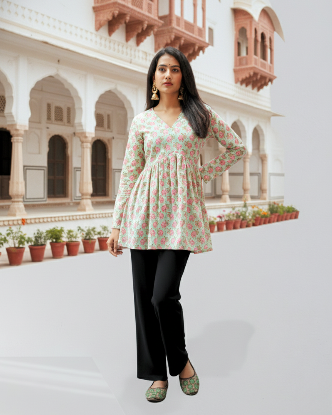light green sanganeri print short kurti