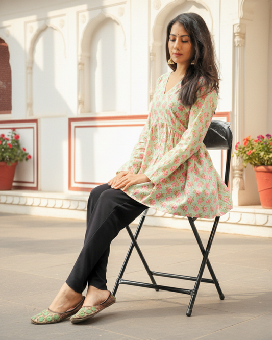 light green sanganeri print short kurti
