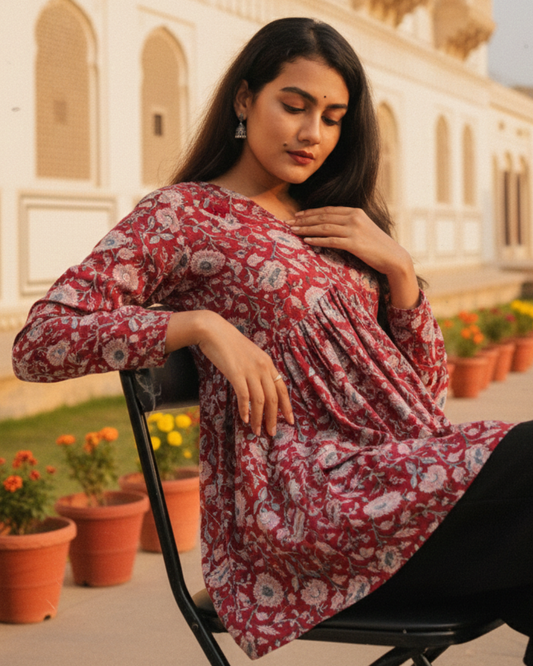 red sanganeri print short kurti