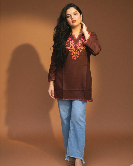 Brown short kurti embroidered