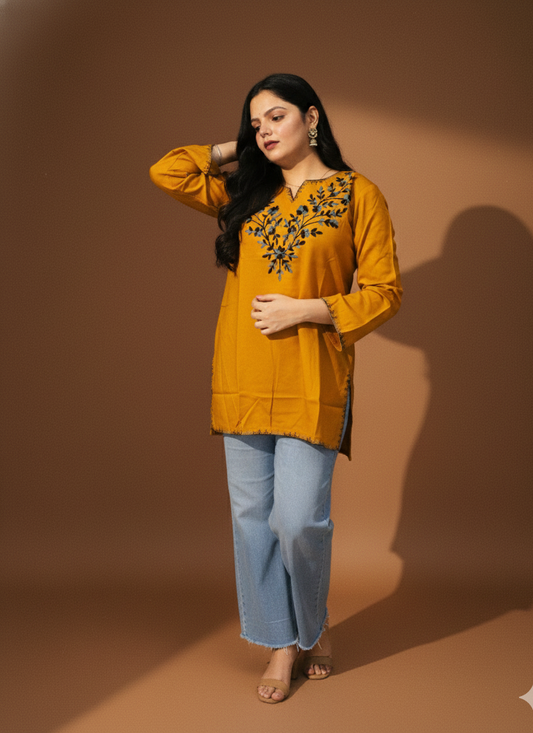 Yellow short kurti embroidered