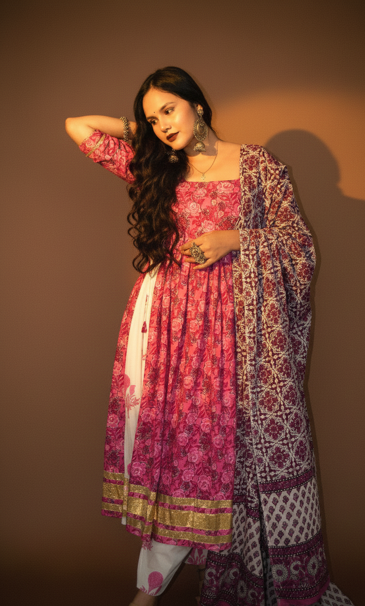 Pink kurti set with dupatta sanganeri print