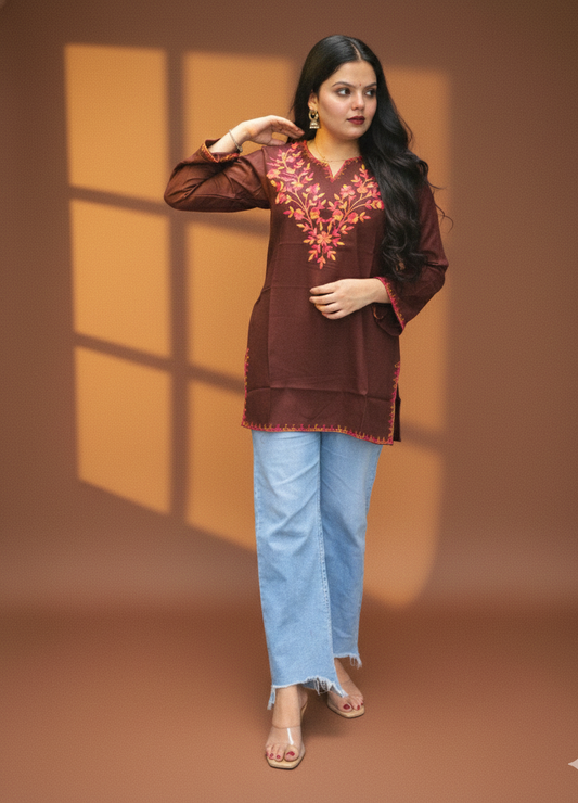 Brown short kurti embroidered