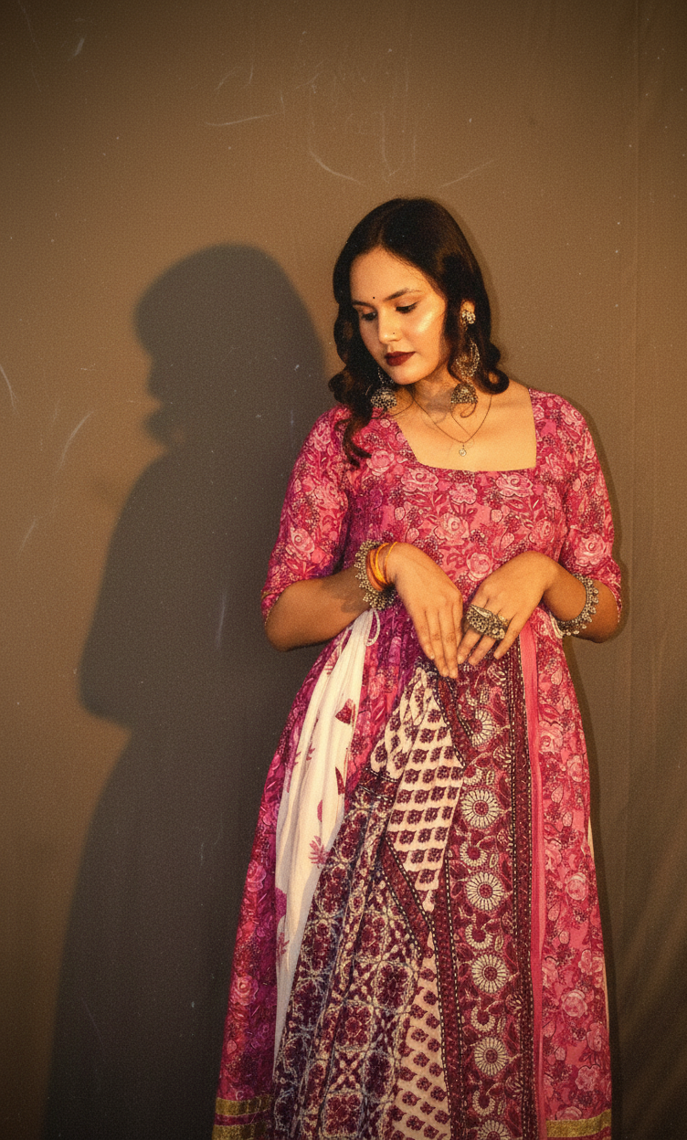 Pink kurti set with dupatta sanganeri print