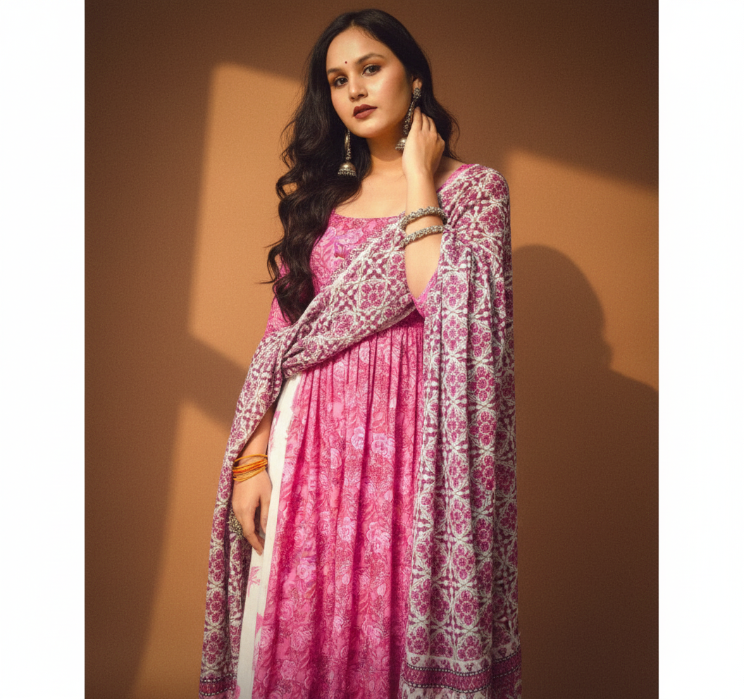 Pink kurti set with dupatta sanganeri print