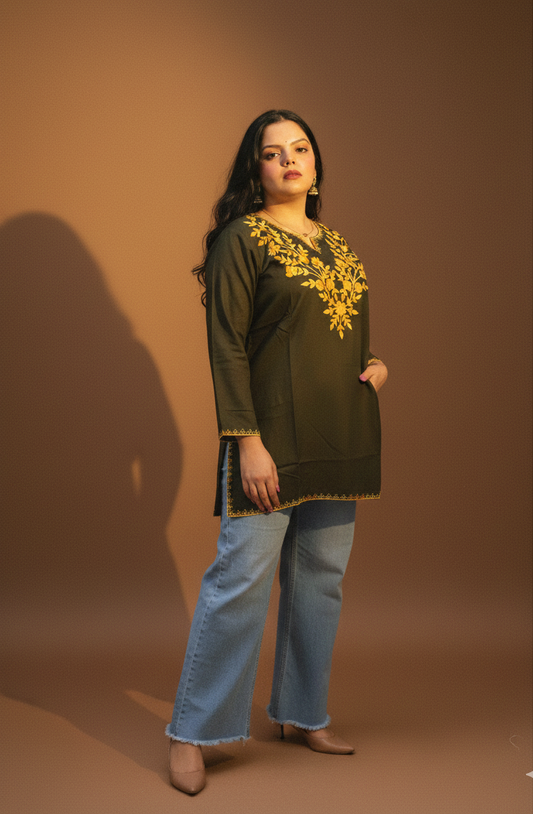 Green short kurti embroidered