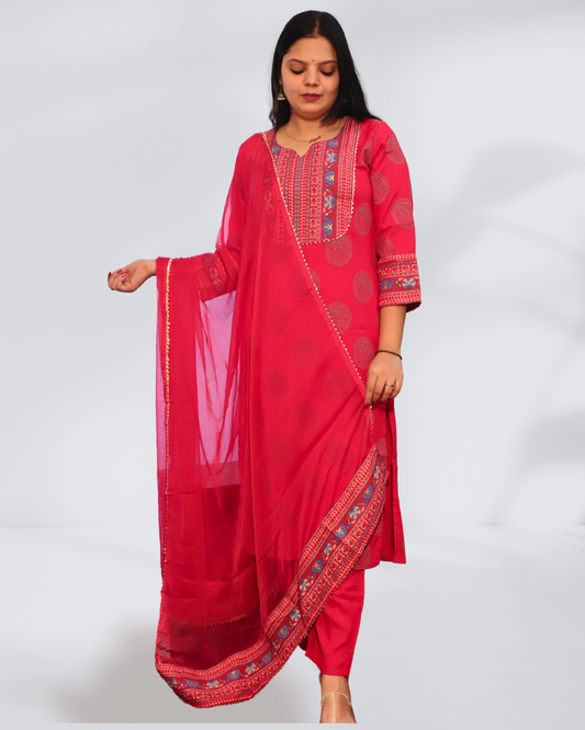 Dark-pink Kurti Set with Dupatta